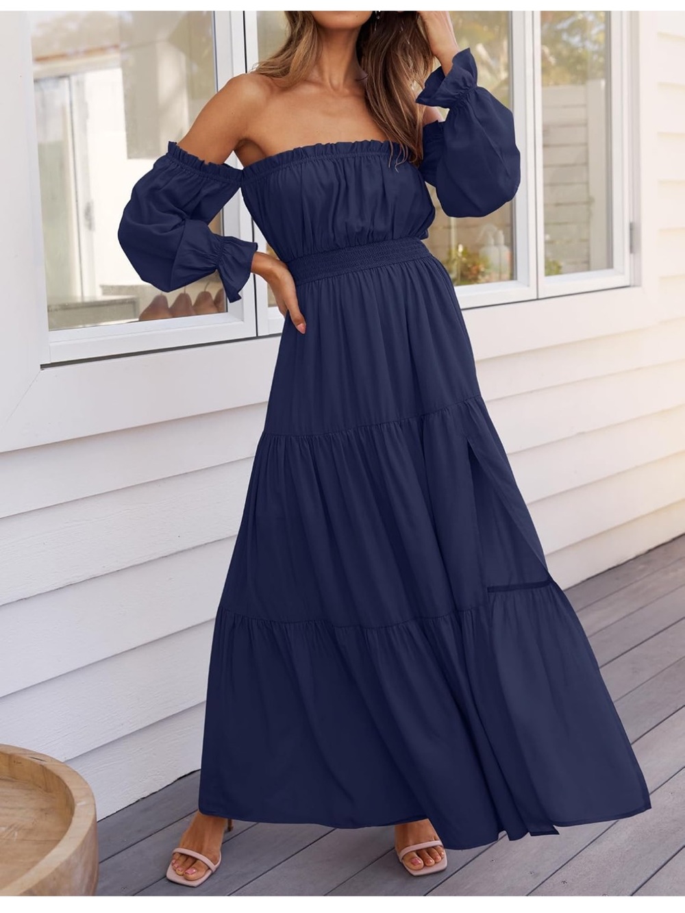 Off-Shoulder Navy Maxi Dress with Smocked Waist